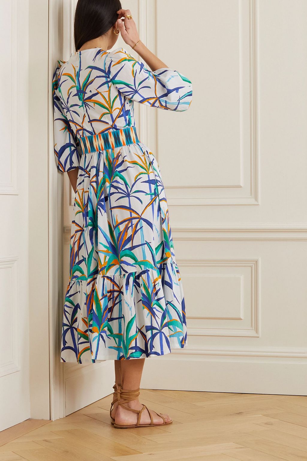 EMPORIO SIRENUSE Loretta belted printed cotton-poplin midi dress