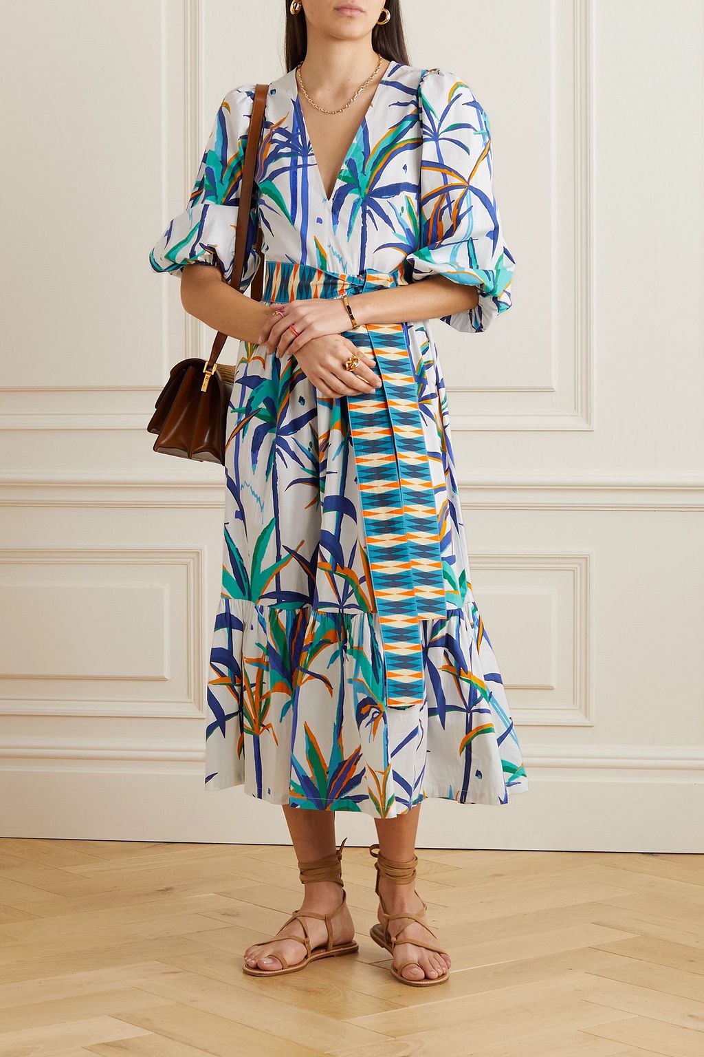 EMPORIO SIRENUSE Loretta belted printed cotton-poplin midi dress