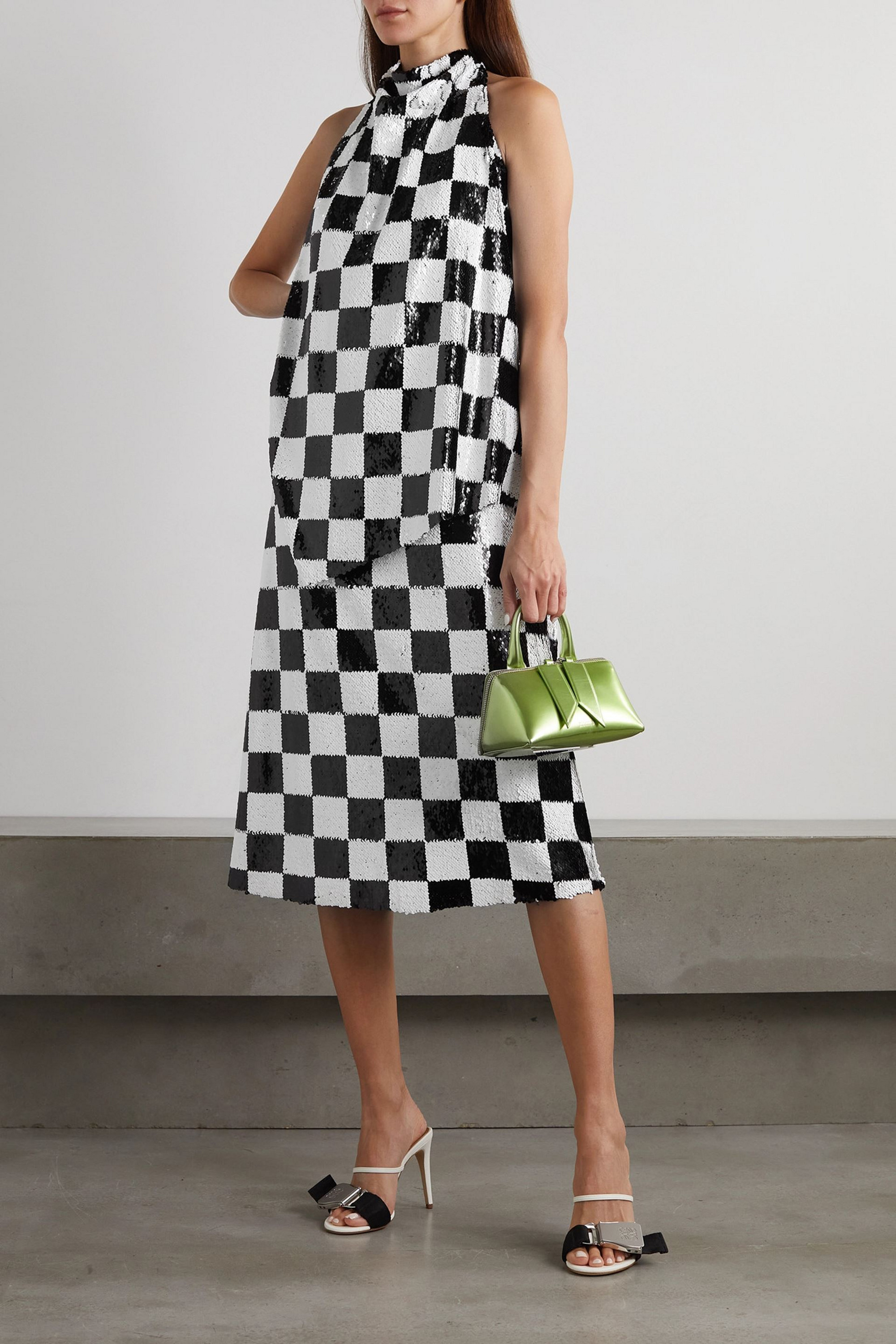 Marques Almeida Asymmetric sequined checked tulle halterneck top