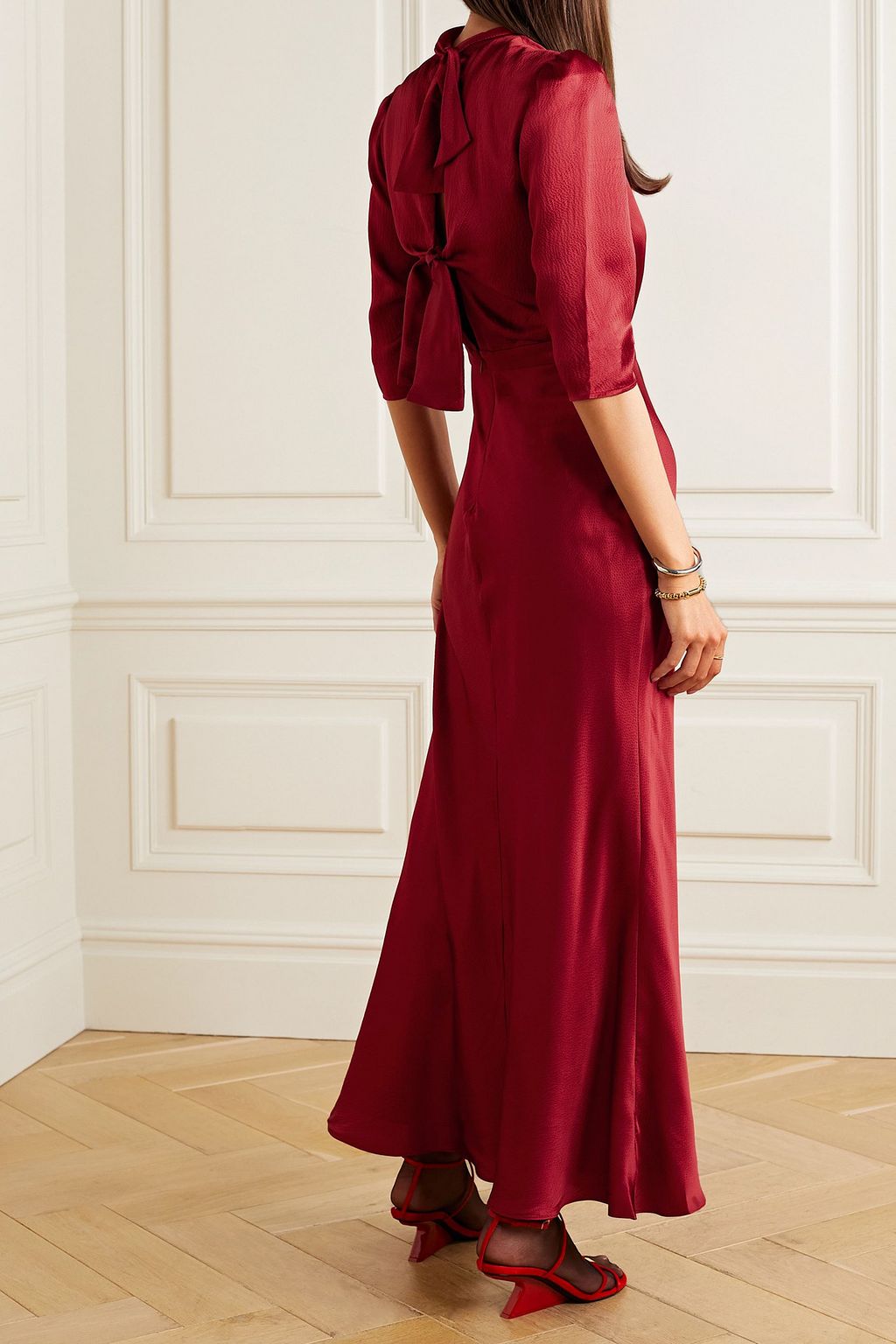 SALONI Adele tie-detailed hammered silk-satin maxi dress