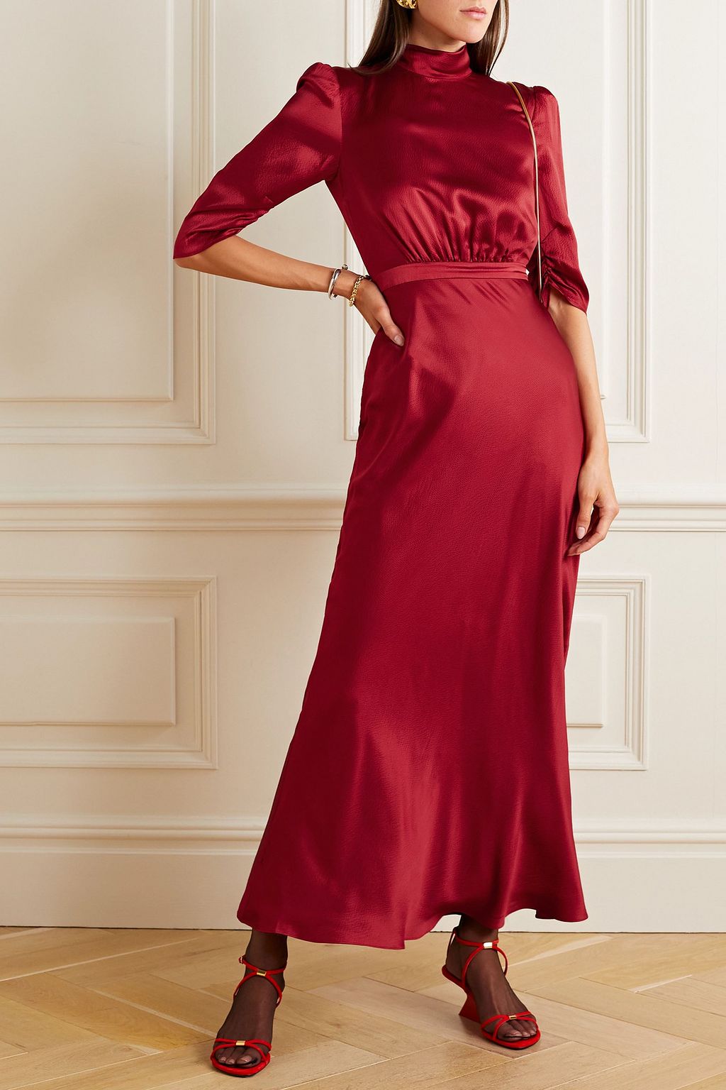 SALONI Adele tie-detailed hammered silk-satin maxi dress
