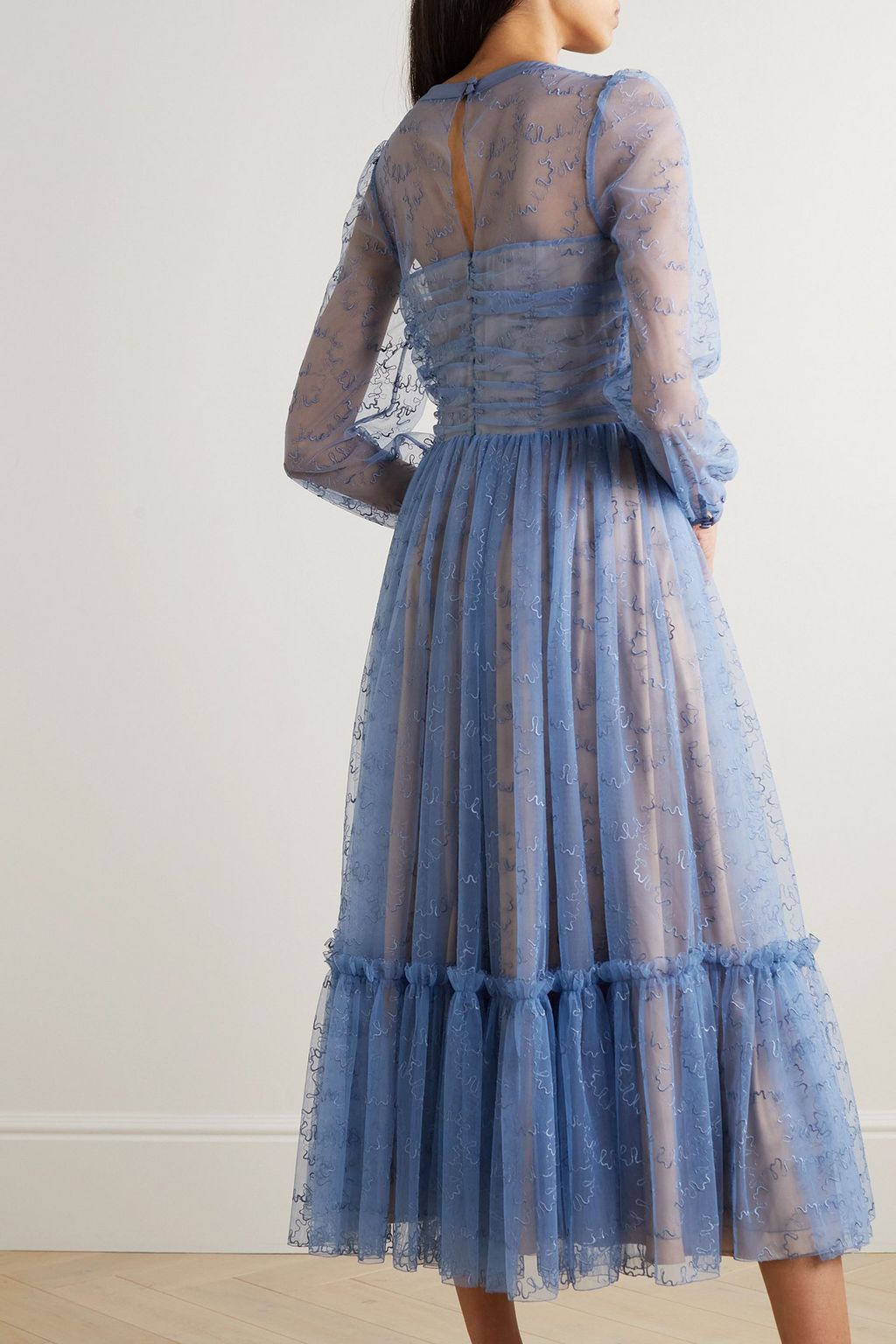 SALONI Camille bow-embellished tiered embroidered tulle midi dress