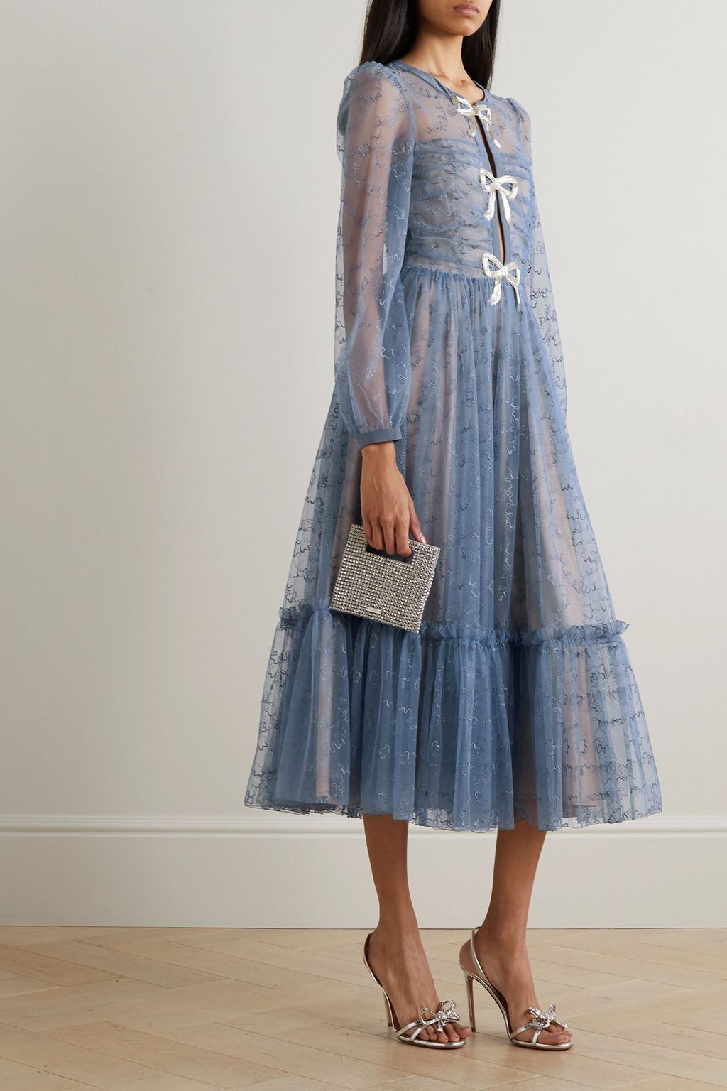 SALONI Camille bow-embellished tiered embroidered tulle midi dress