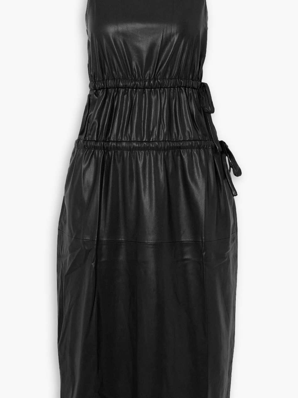 tiered gathered faux leather midi dress