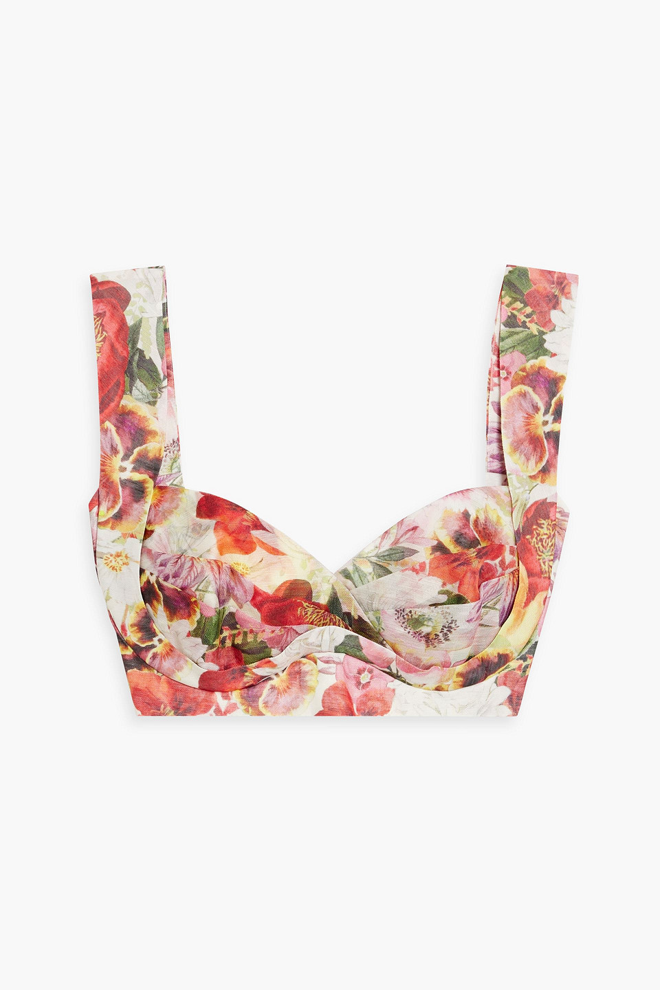 Zimmermann Pleated Floral-print Linen And Silk-blend Bra Top In Ivory