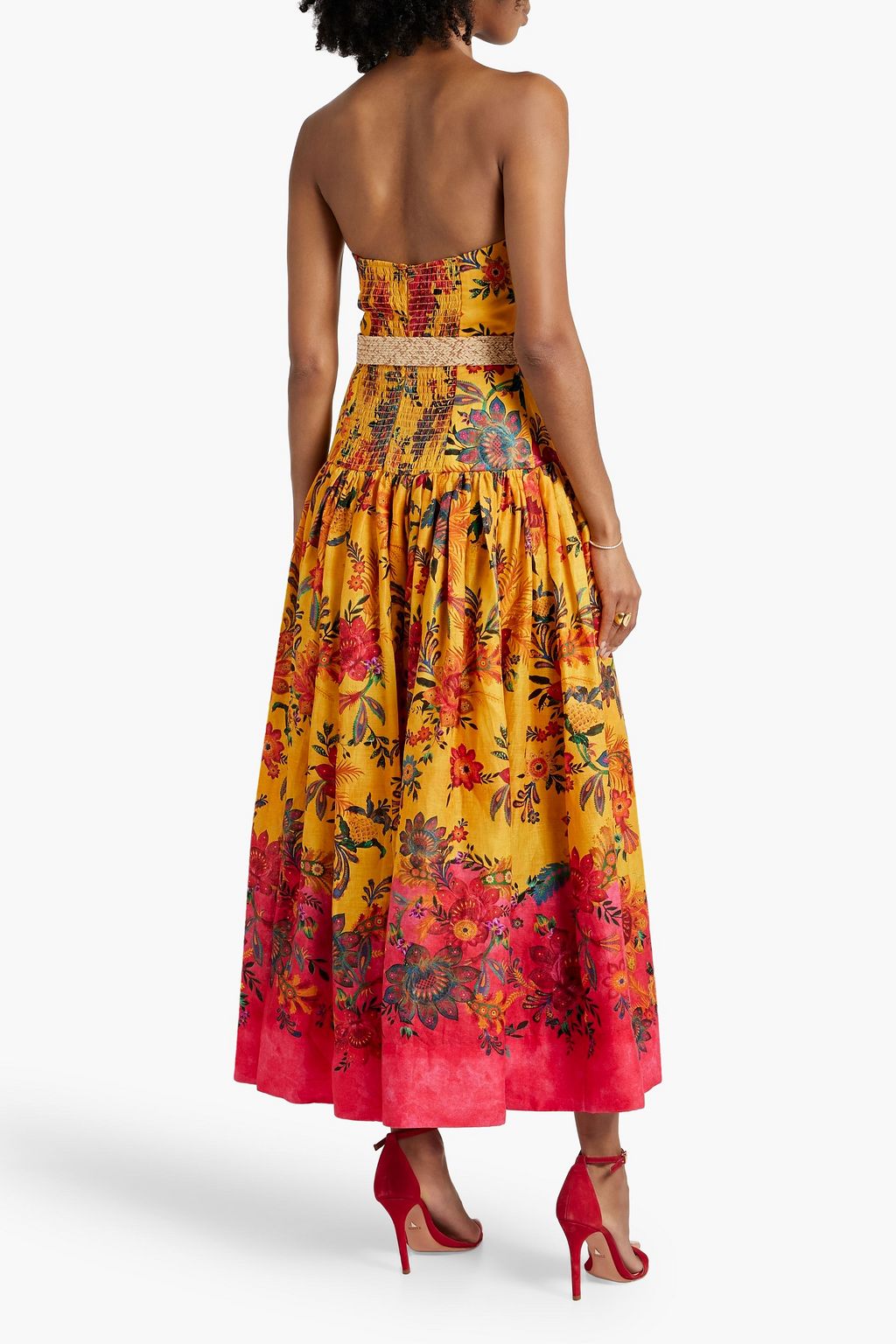 ZIMMERMANN Strapless belted floral-print linen midi dress