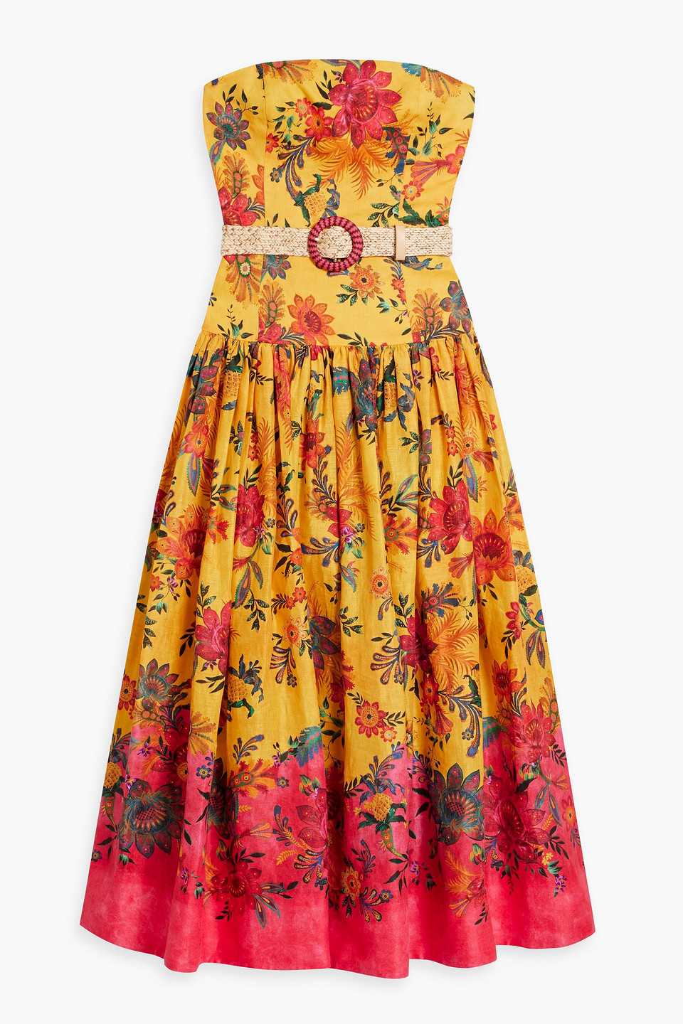 Zimmermann Strapless Belted Floral-print Linen Midi Dress In Yellow