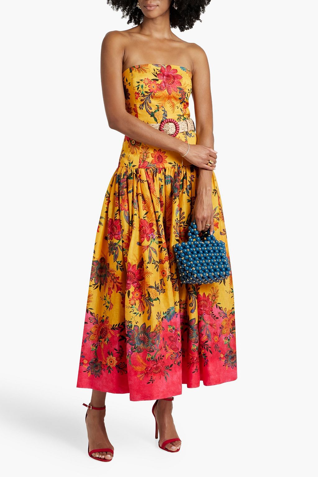 ZIMMERMANN Strapless belted floral-print linen midi dress