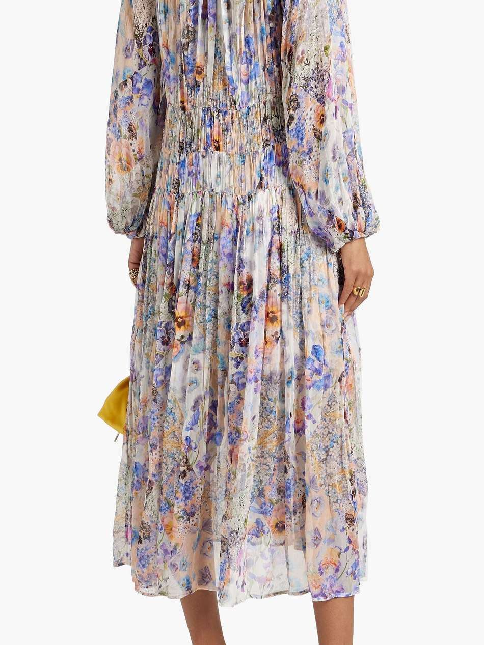 shirred printed chiffon maxi dress