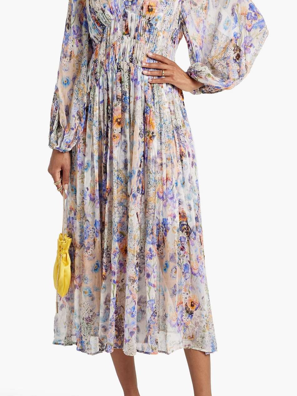 shirred printed chiffon maxi dress