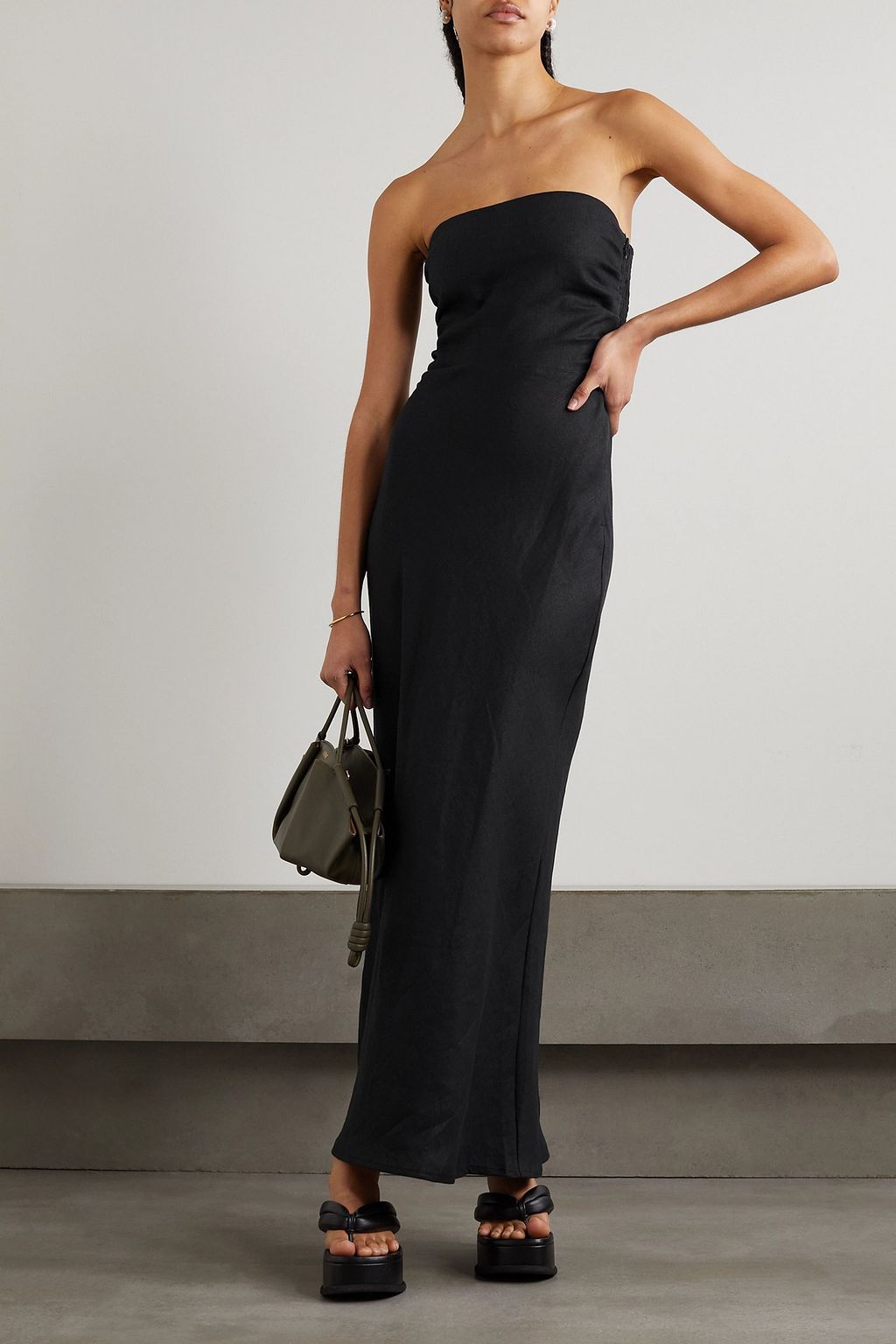 FAITHFULL Das Flores strapless shirred linen maxi dress