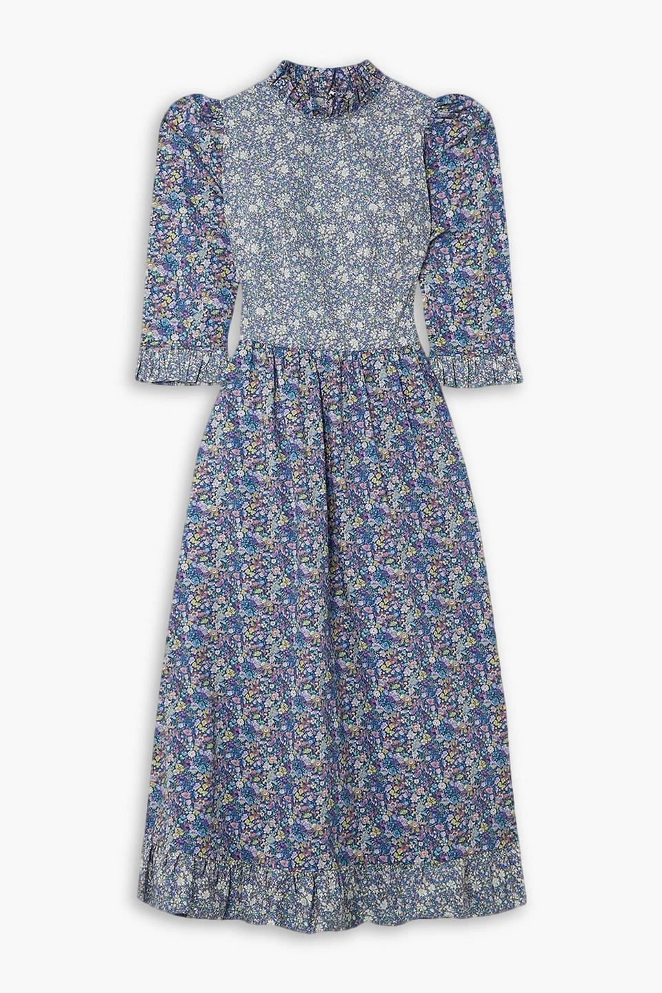 O Pioneers Clara Ruffled Floral-print Cotton-poplin Midi Dress In Slate Blue