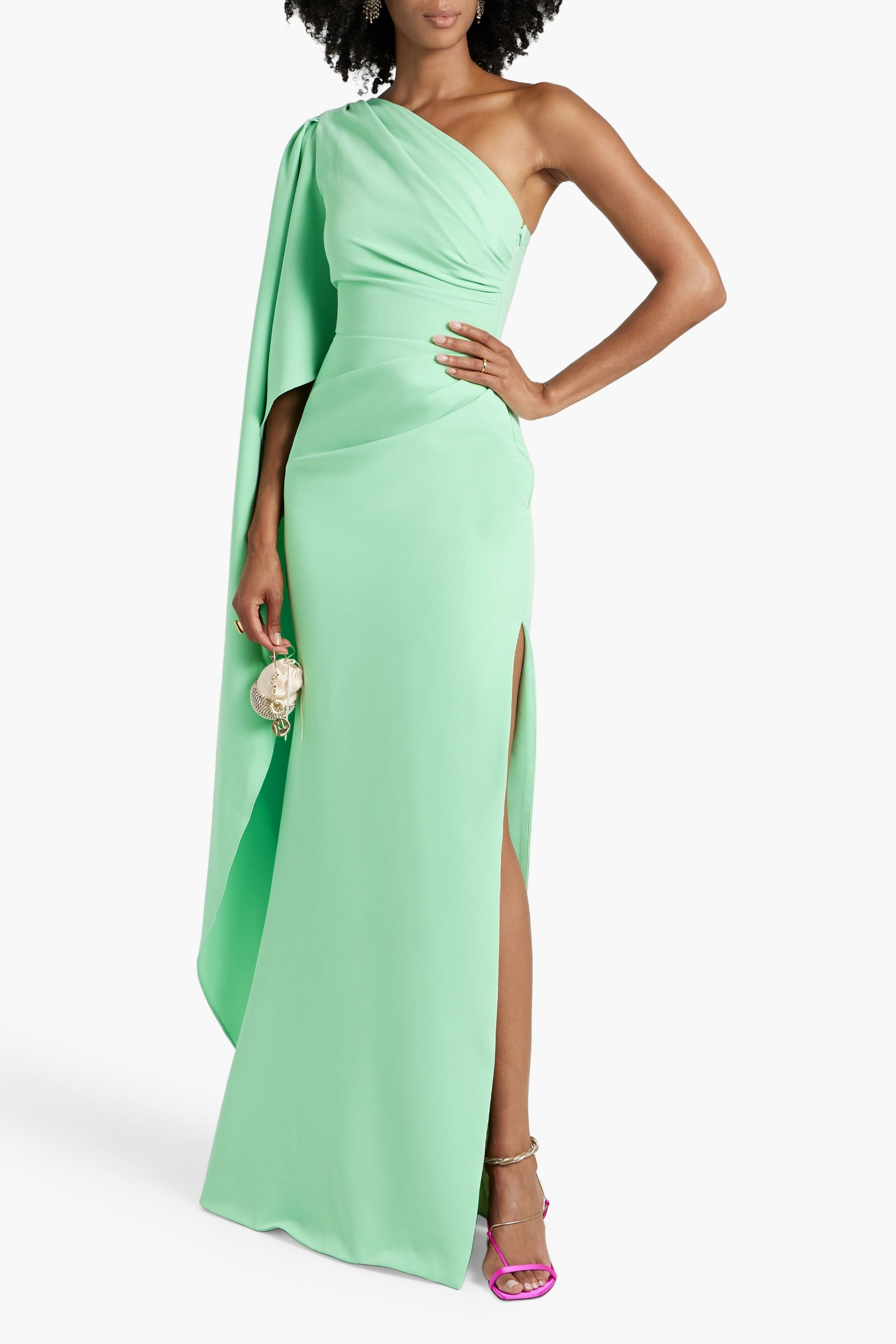 RHEA COSTA One-shoulder draped crepe gown