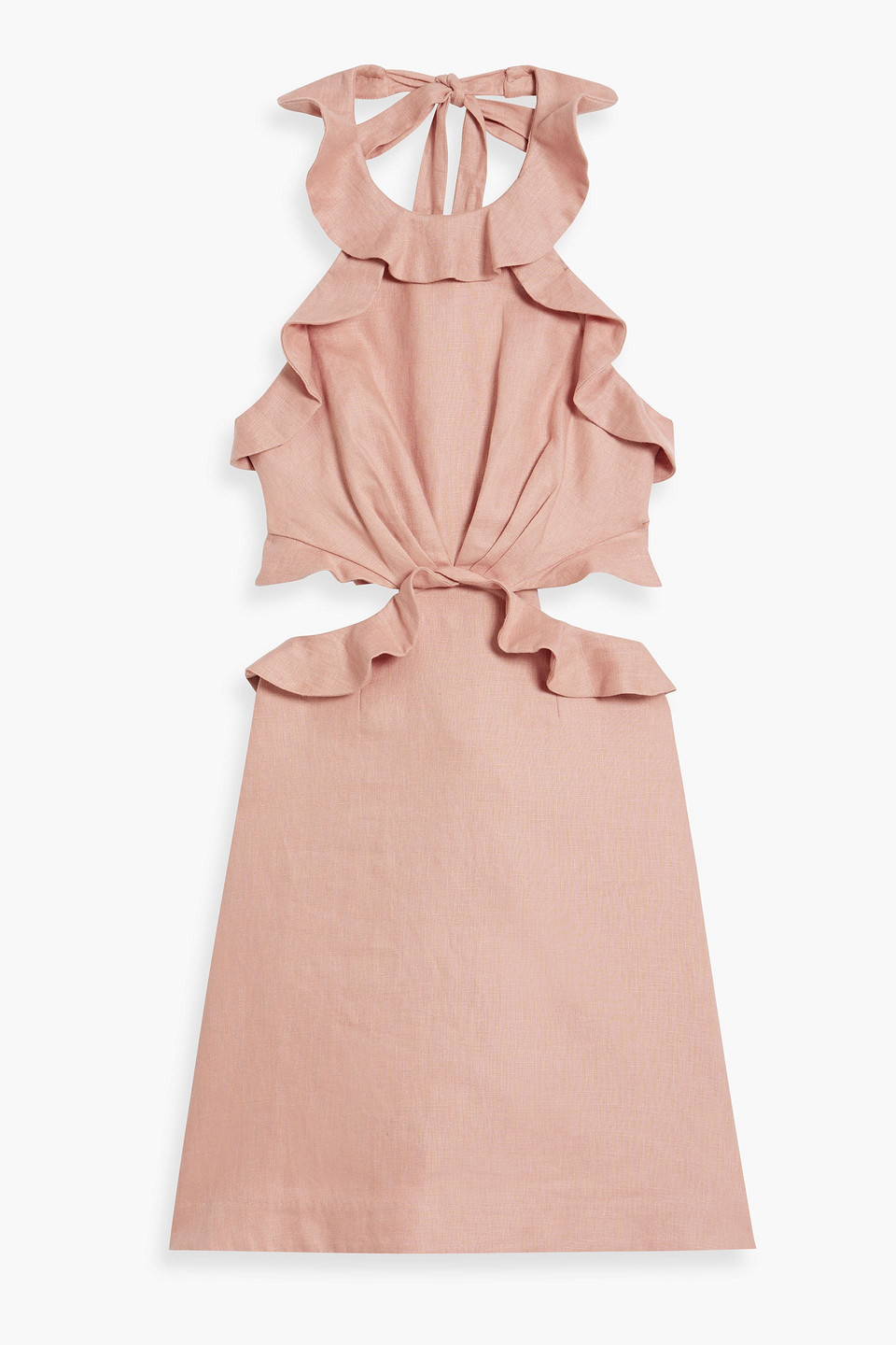 Zimmermann Cutout Ruffled Linen Halterneck Mini Dress In Blush