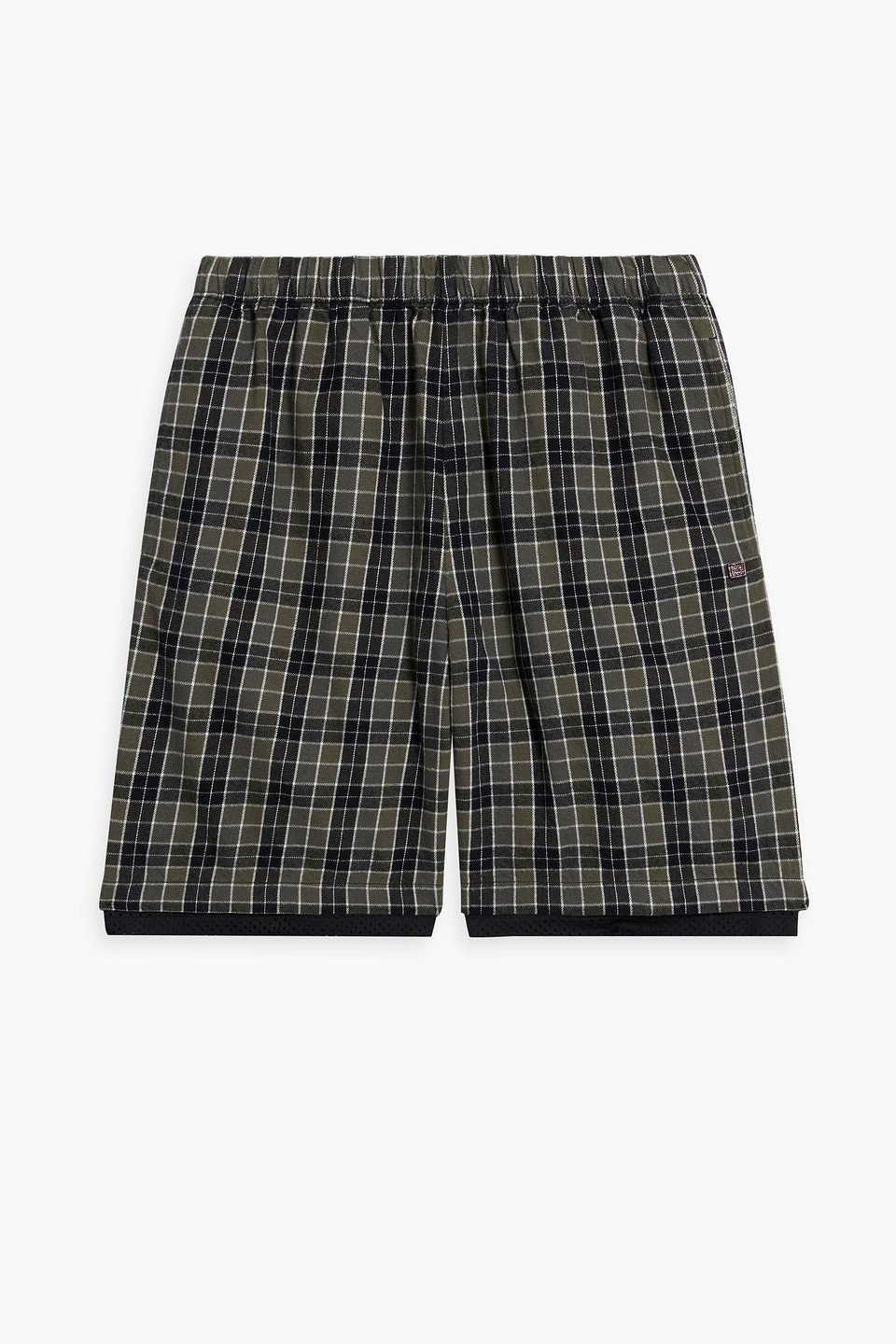 Mesh-trimmed checked cotton-flannel drawstring shorts