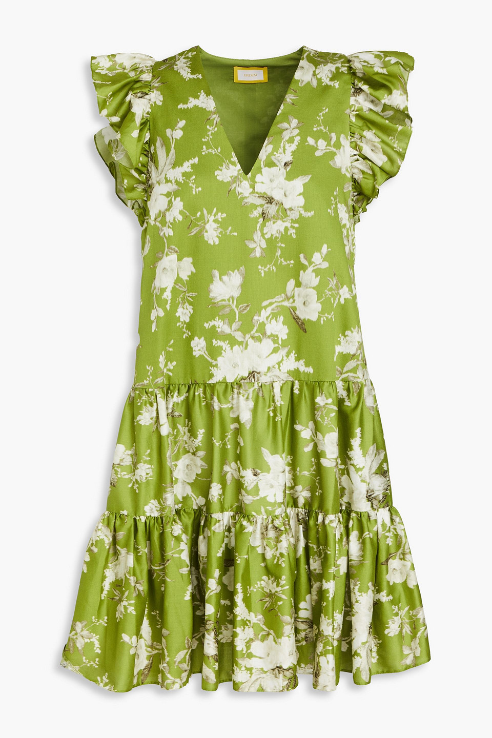 Erdem Dalia Tiered Floral-print Cotton-poplin Mini Dress In Leaf Green