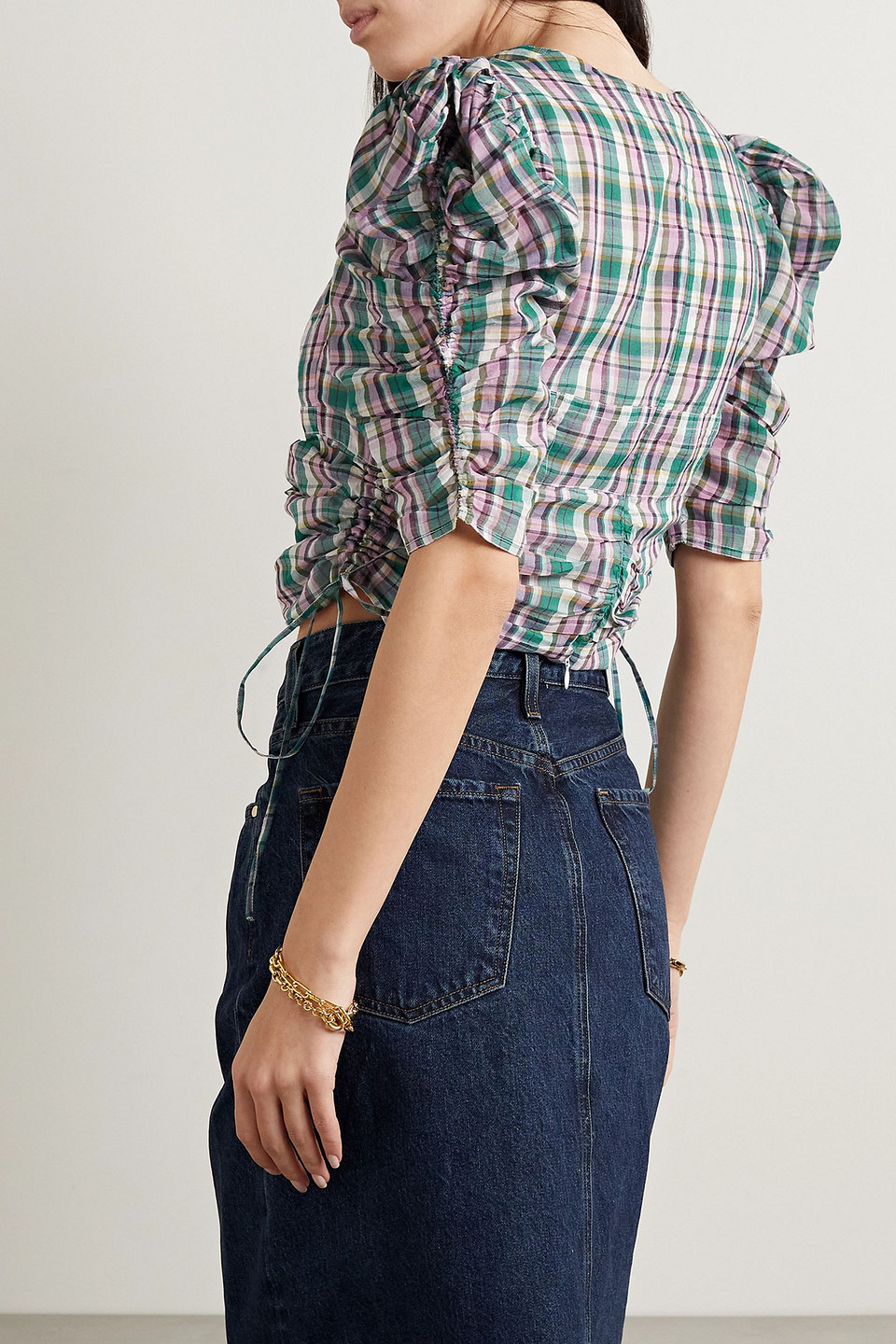 ISABEL MARANT ÉTOILE GALAOR RUCHED CHECKED COTTON-VOILE TOP