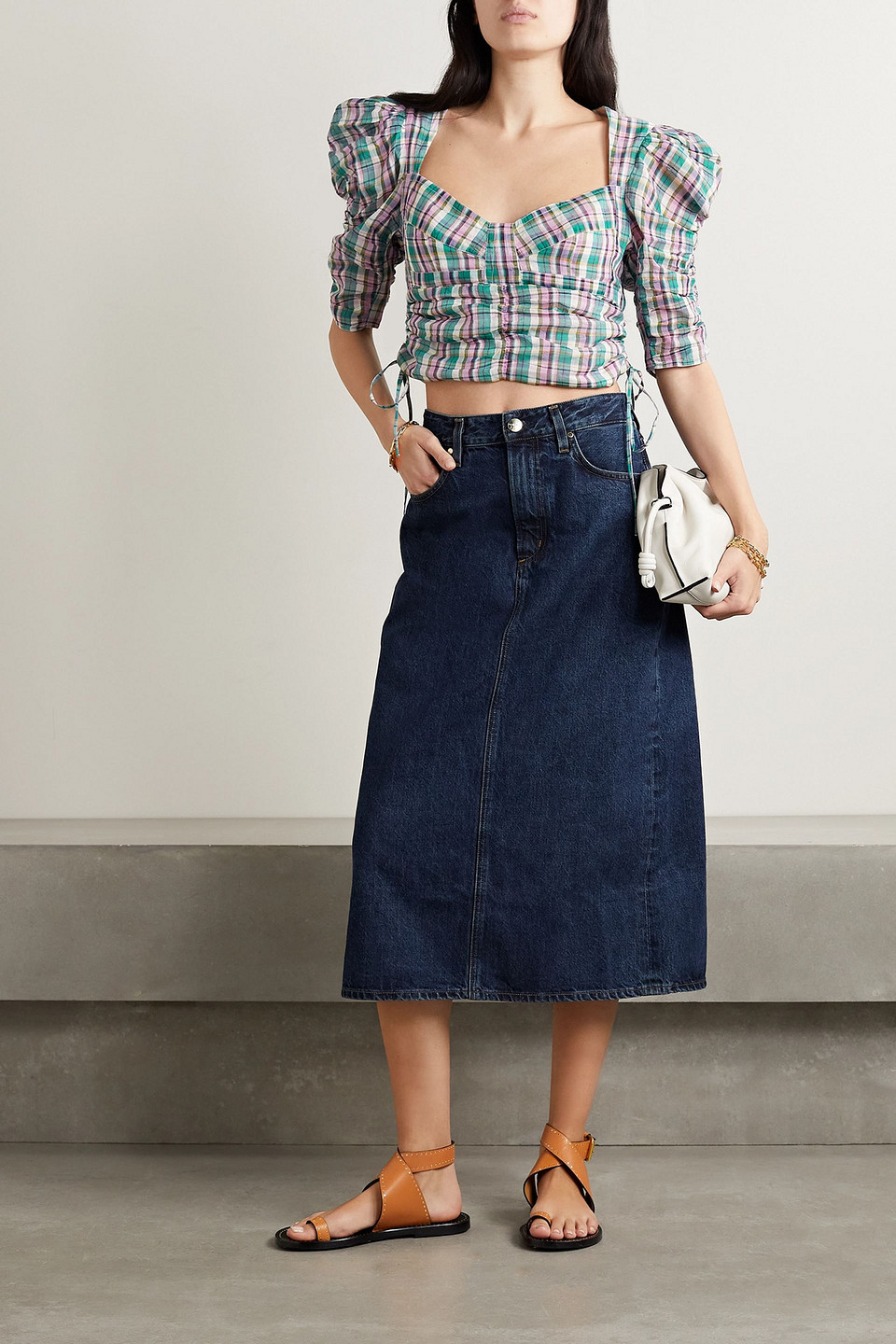 ISABEL MARANT ÉTOILE GALAOR RUCHED CHECKED COTTON-VOILE TOP