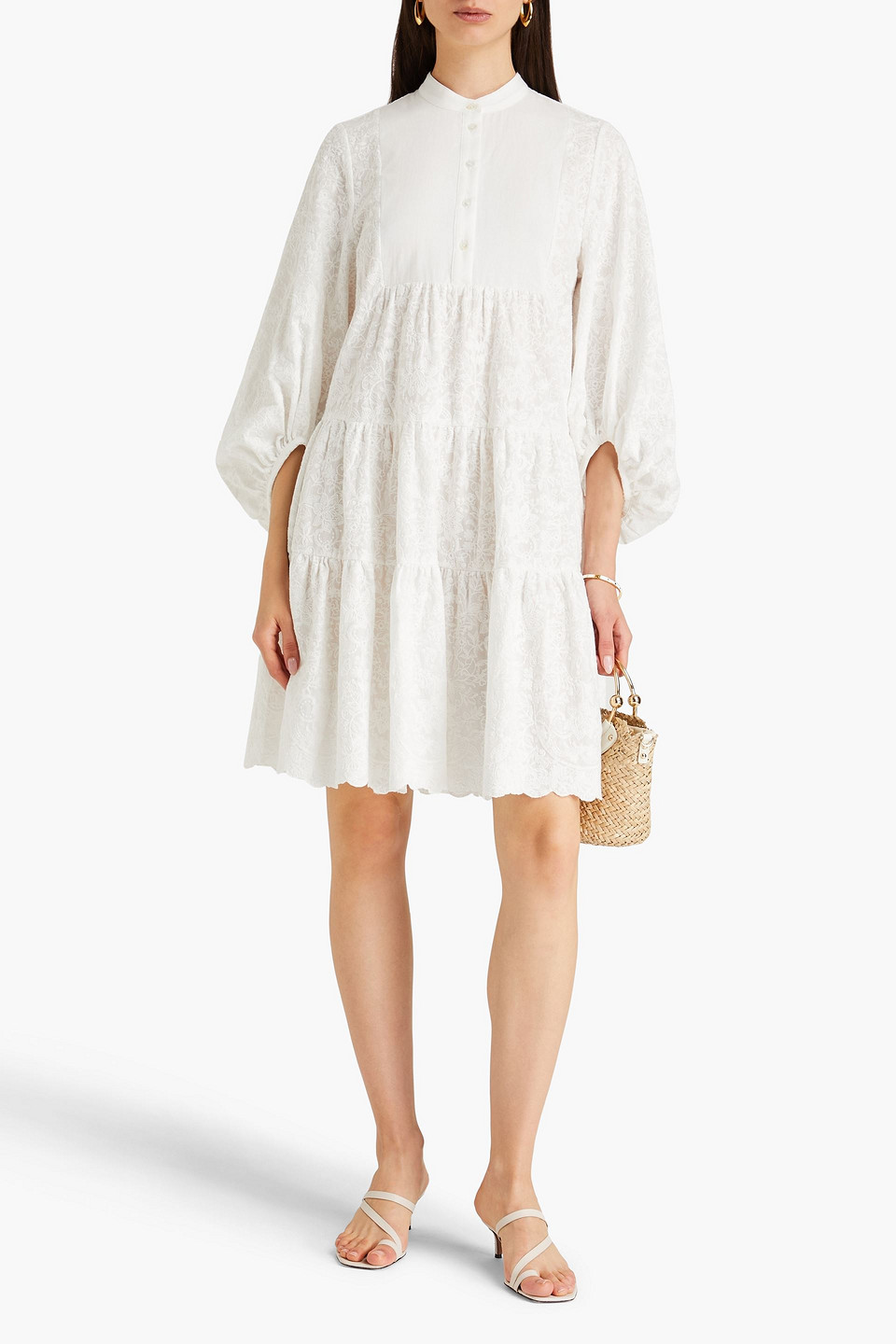ERDEM WINONA TIERED EMBROIDERED COTTON MINI SHIRT DRESS 