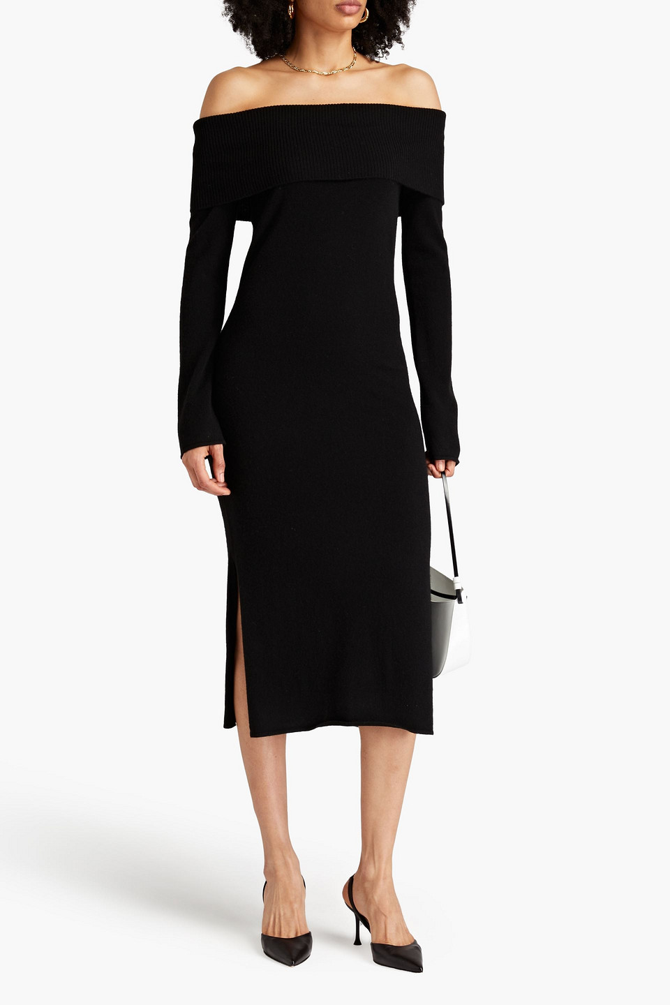 Naadam Off-the-shoulder Cashmere Midi Dress In Black