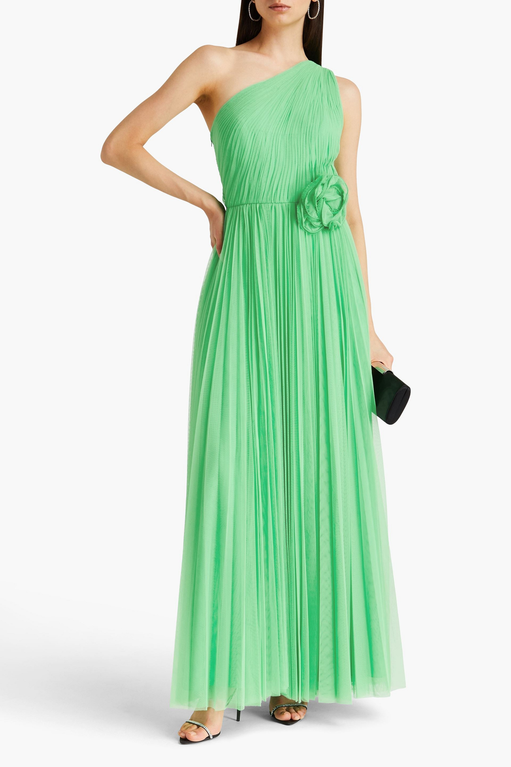 ZAC POSEN One-shoulder plissé-mesh gown