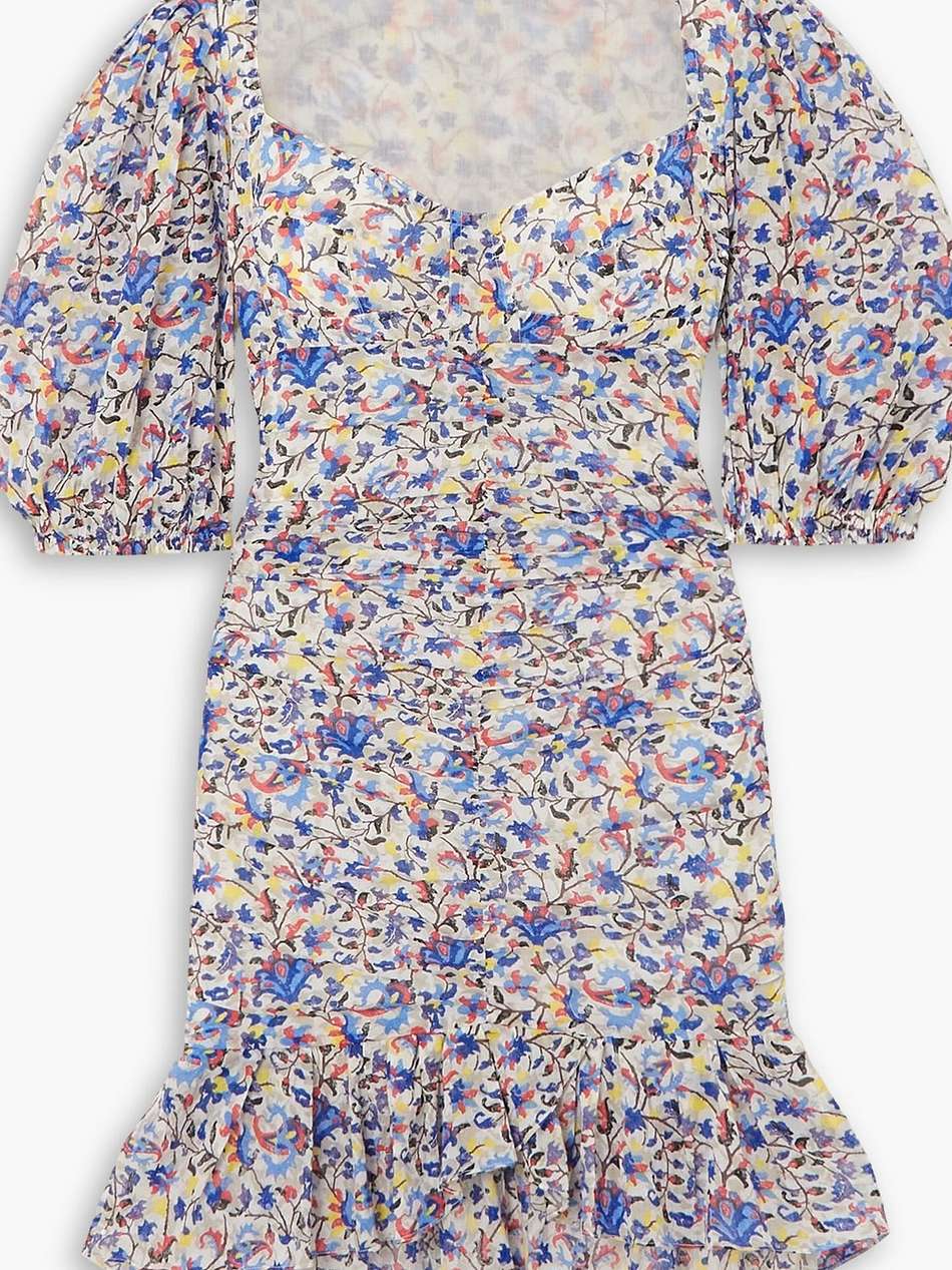 lunesa ruched printed cotton-voile mini dress