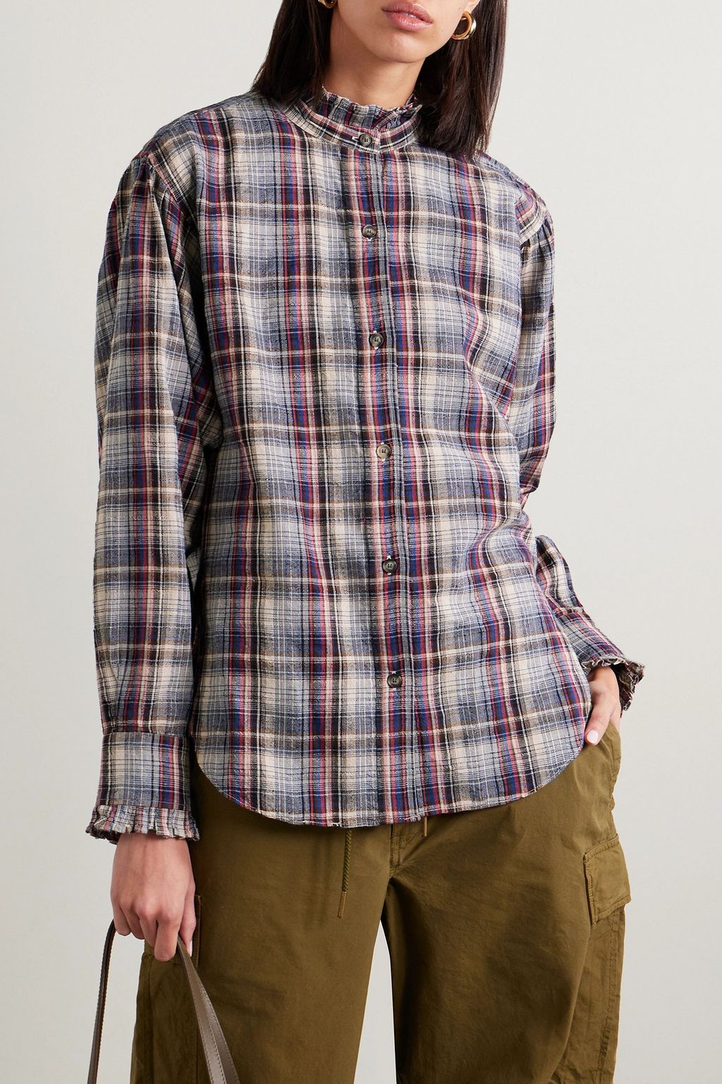 MARANT ÉTOILE Saoli ruffled checked cotton and linen-blend shirt