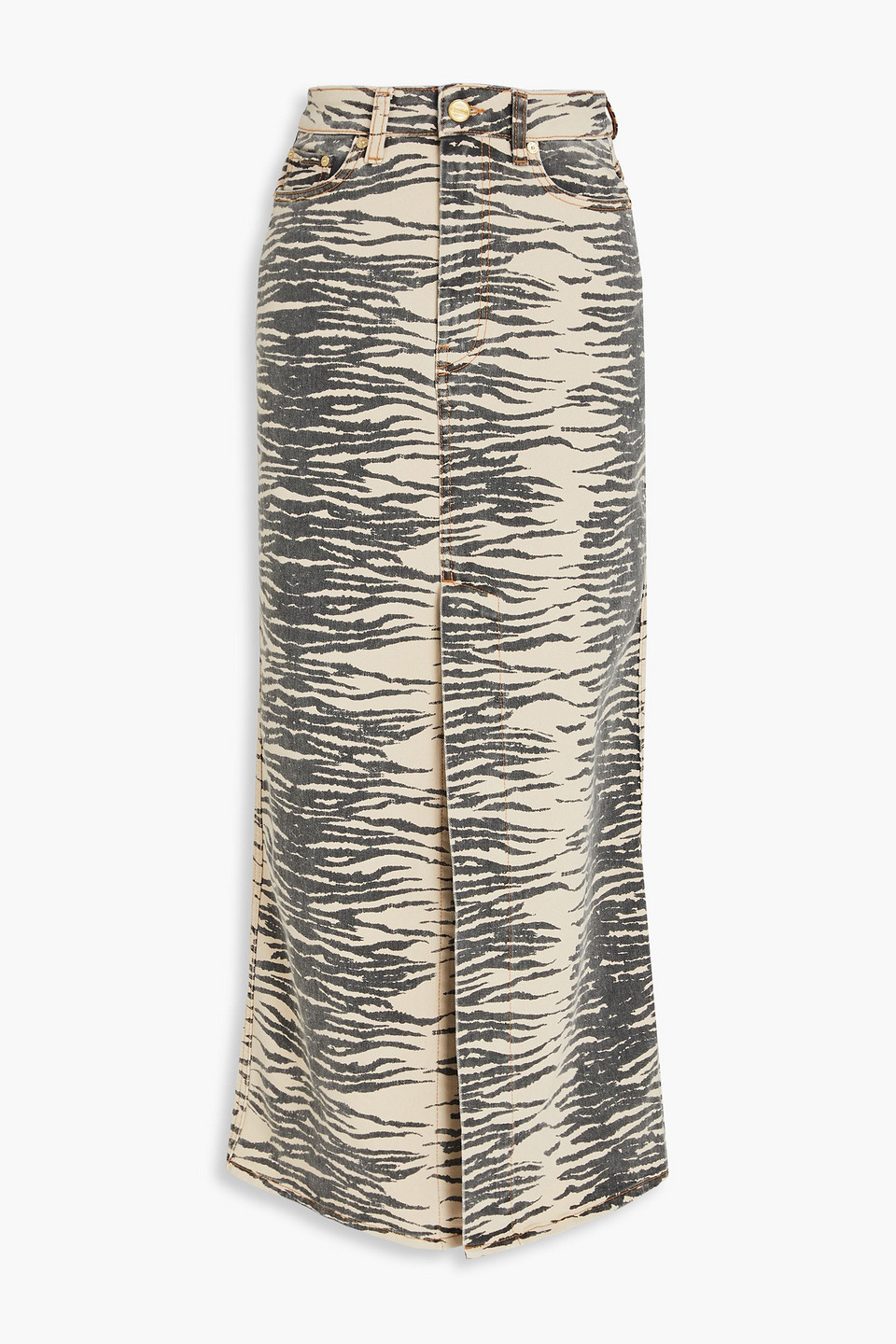 GANNI - Tiger-print denim maxi skirt - Neutral - DE 32