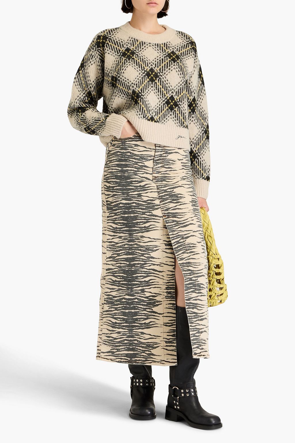GANNI Tiger-print denim maxi skirt