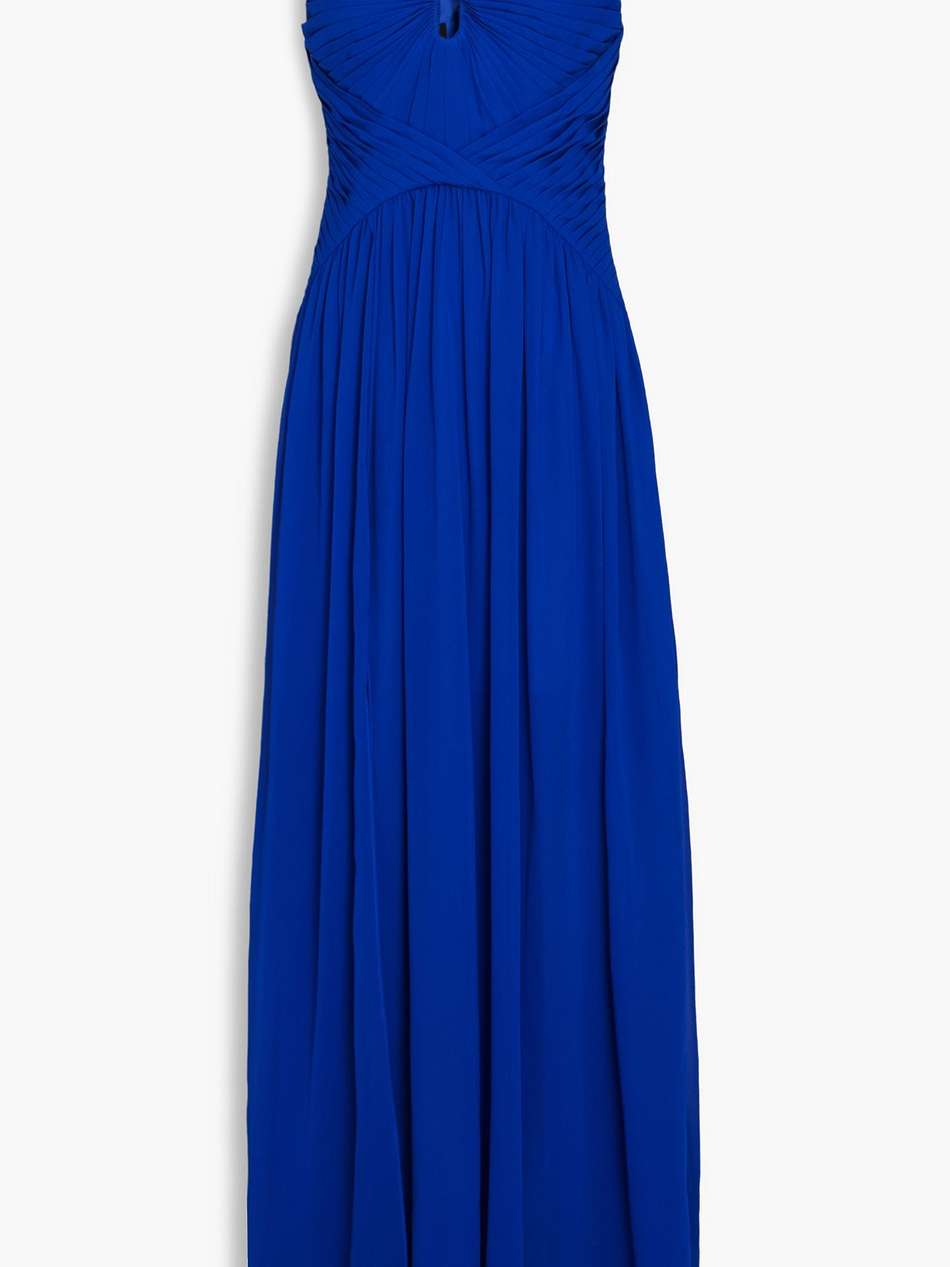 tulle-trimmed plissé-crepe maxi dress