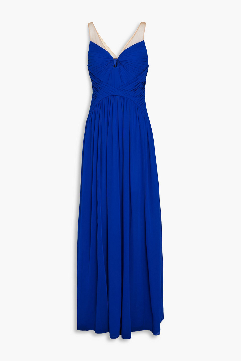 Zac Posen Tulle-trimmed Plissé-crepe Maxi Dress In Cobalt Blue