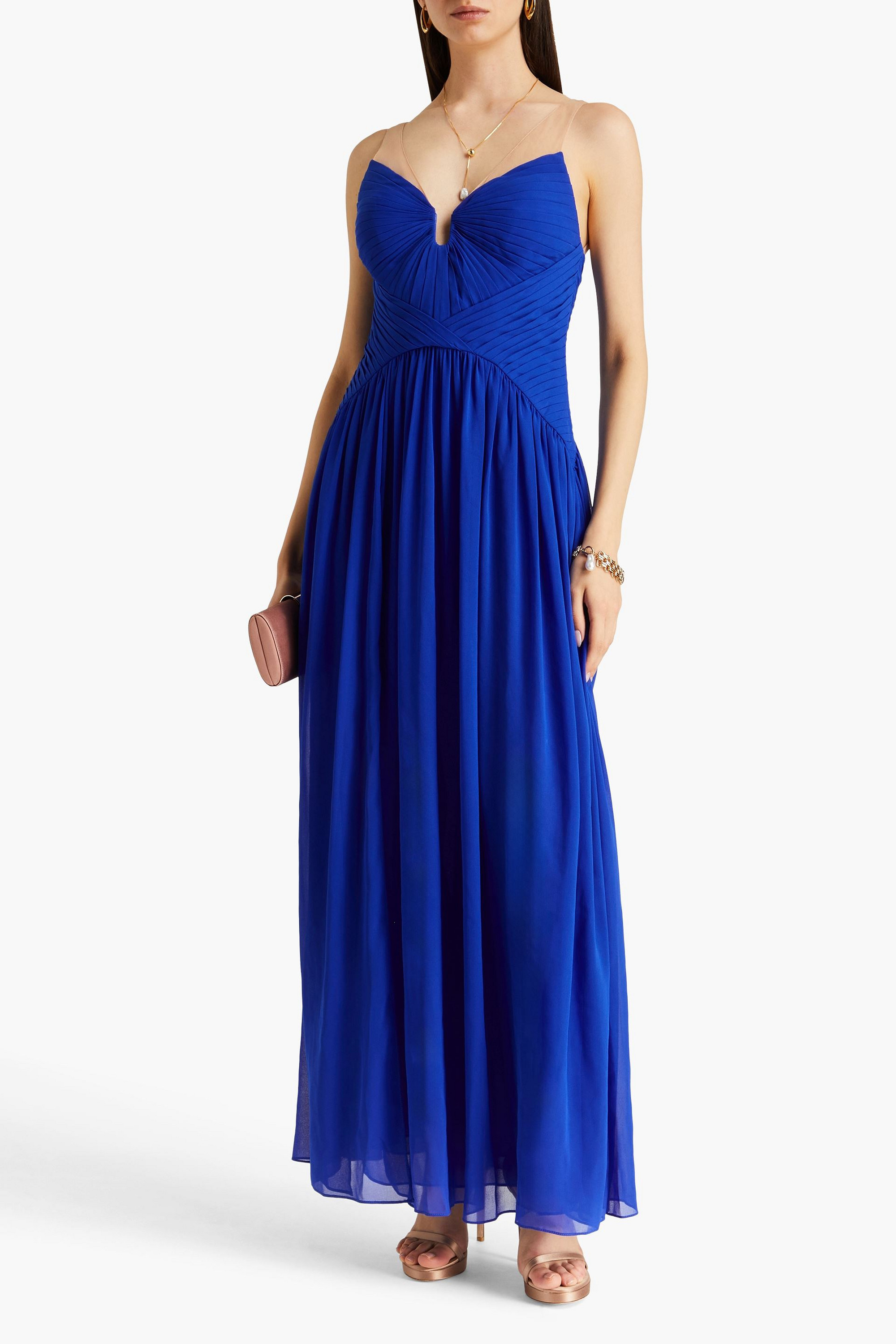 ZAC POSEN Tulle-trimmed plissé-crepe maxi dress