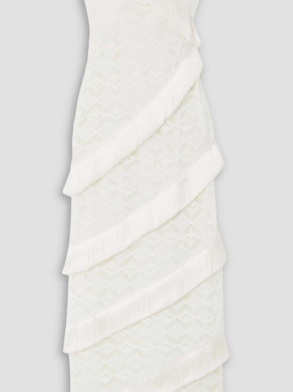 strapless fringed crocheted maxi dress