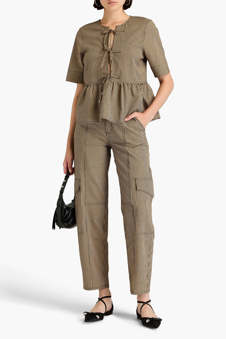 Ganni Striped Cotton-blend Cargo Pants In Black