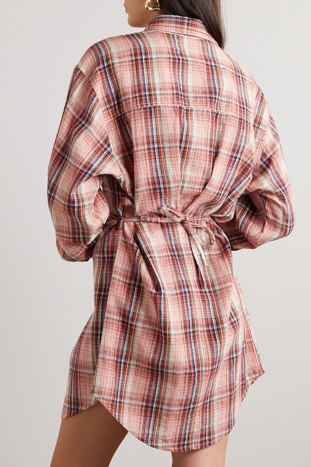 MARANT ÉTOILE Liliane belted checked cotton and linen-blend mini shirt dress