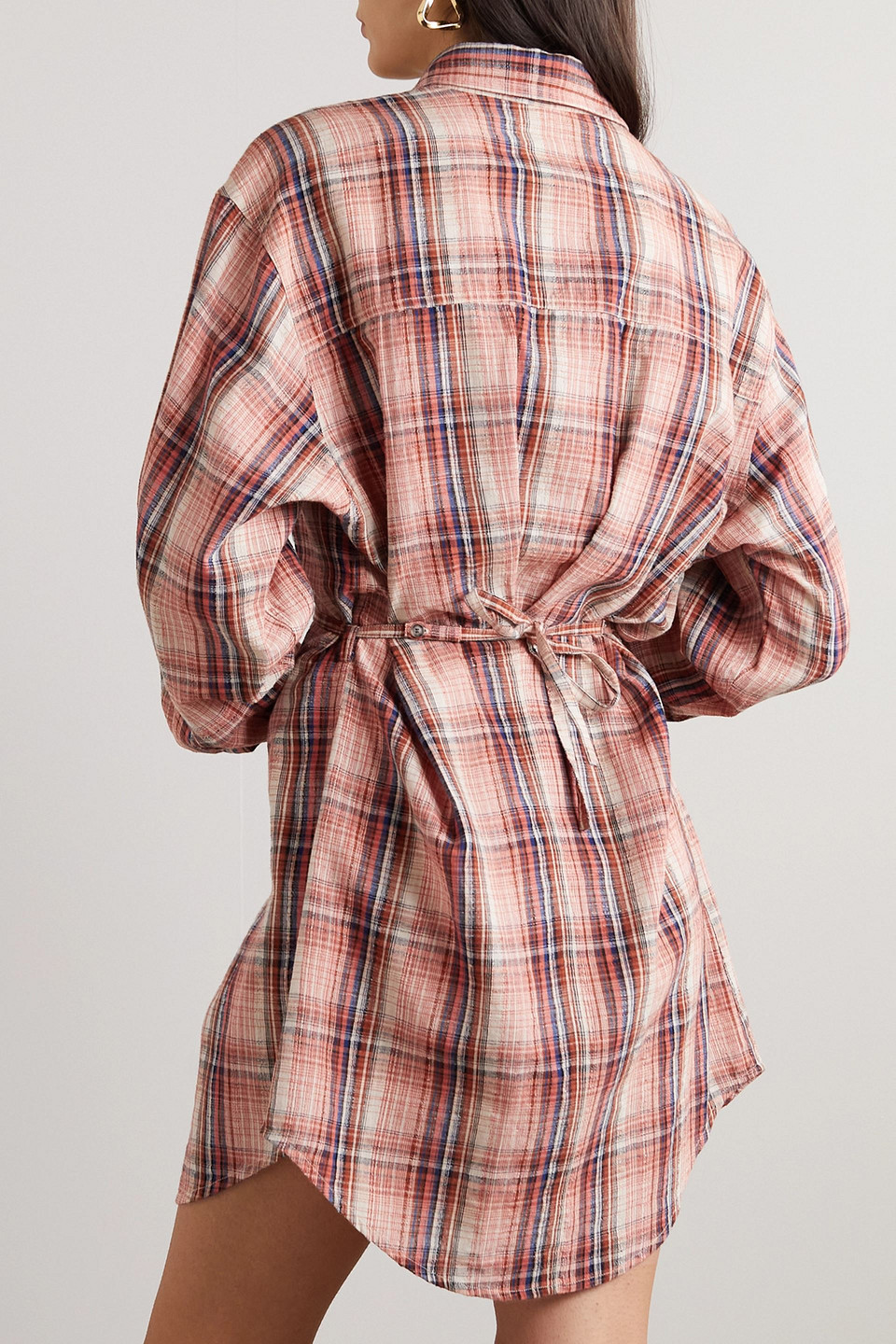 Isabel Marant Étoile Liliane Belted Checked Cotton And Linen-blend Mini Shirt Dress In Peach