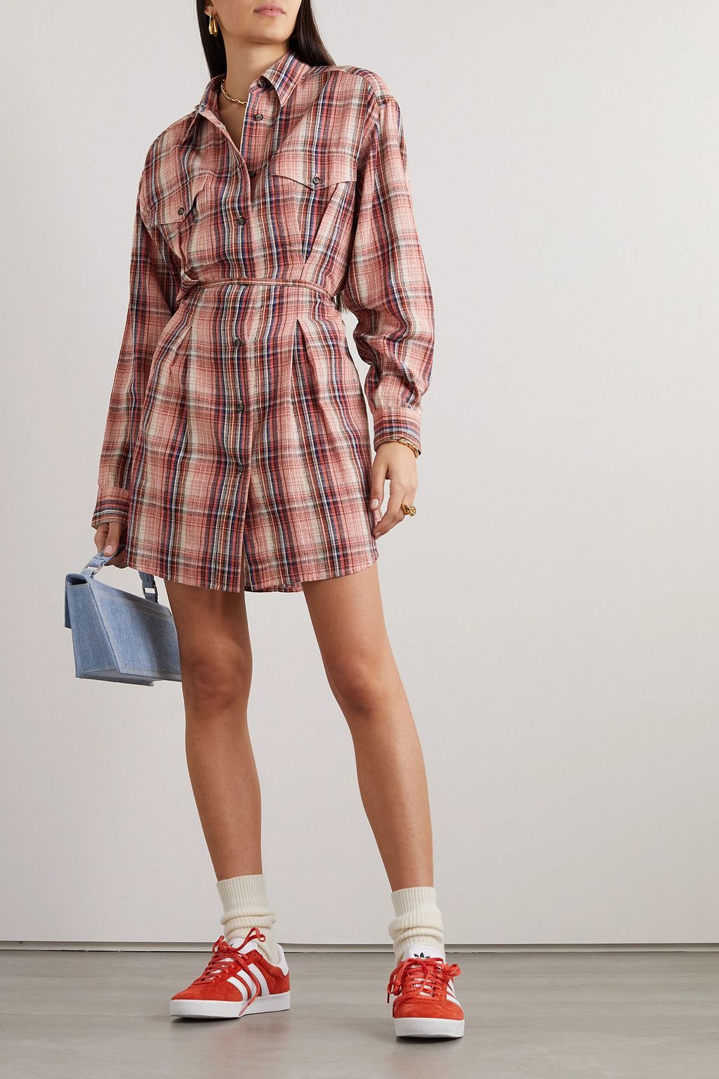 MARANT ÉTOILE Liliane belted checked cotton and linen-blend mini shirt dress