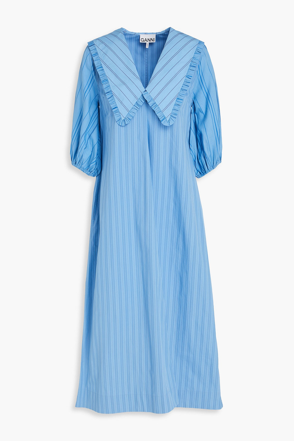 Ganni Striped Cotton-poplin Midi Dress In Blue