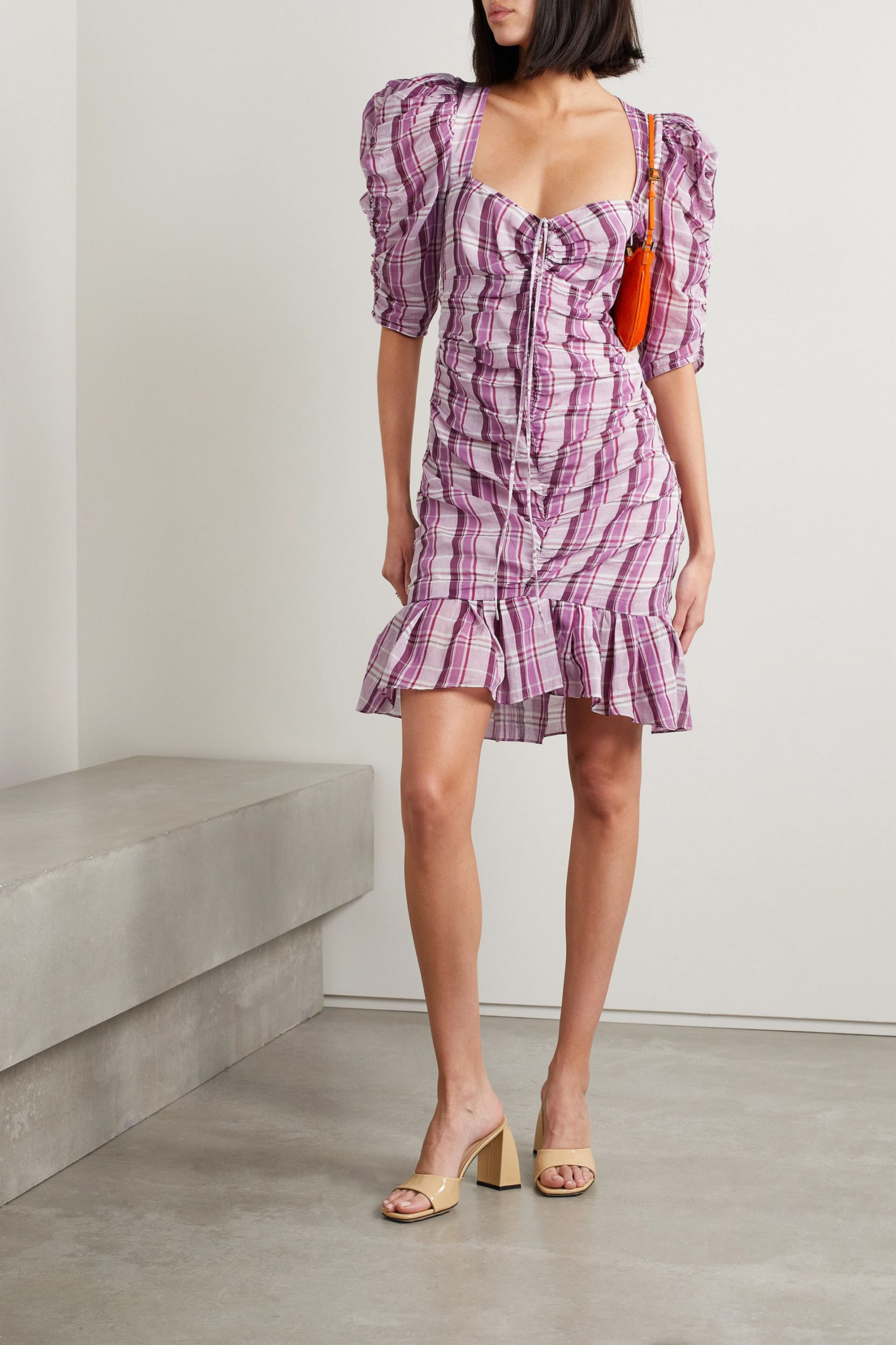 Marant Étoile Galdino ruched checked cotton-voile mini dress