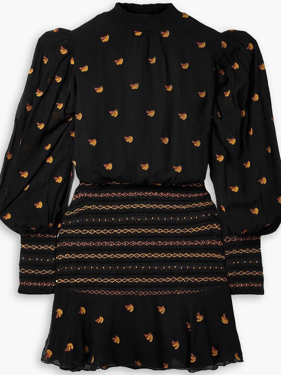 smocked embellished crepe de chine mini dress