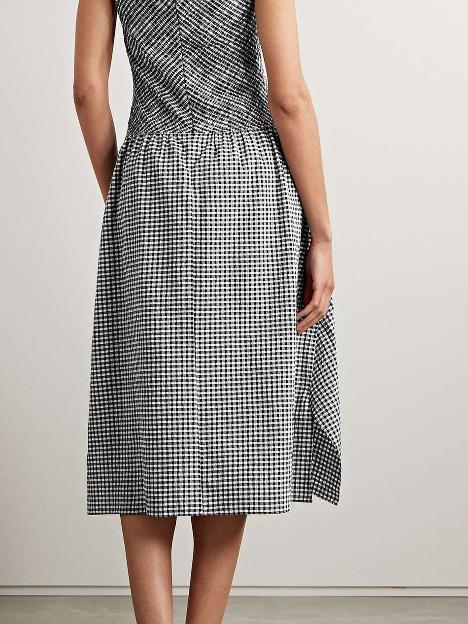 asymmetric gingham seersucker midi dress