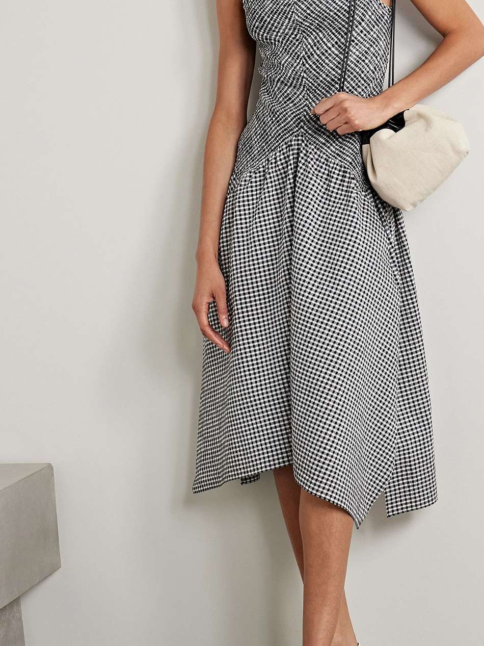 asymmetric gingham seersucker midi dress
