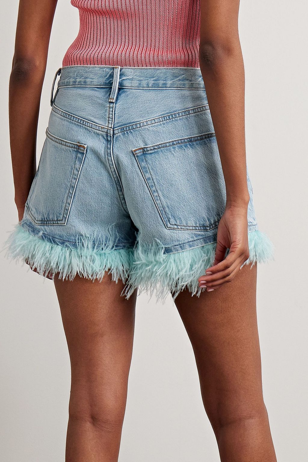 FRAME Le Super High feather-trimmed denim shorts