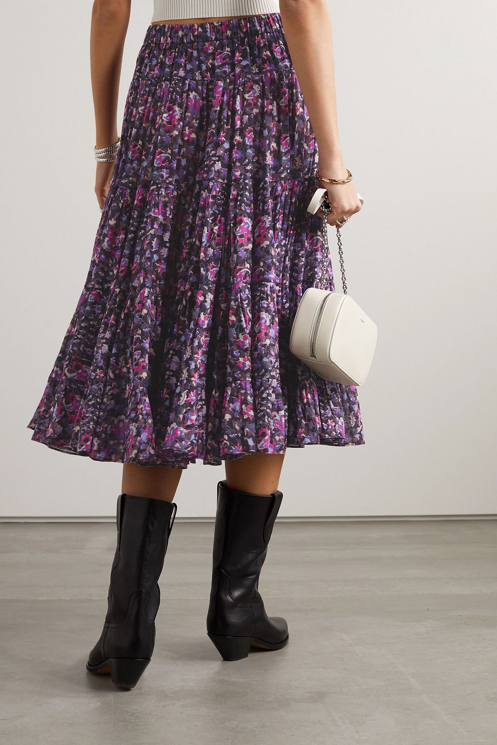 MARANT ÉTOILE Elfa tiered pleated printed cotton-poplin midi skirt