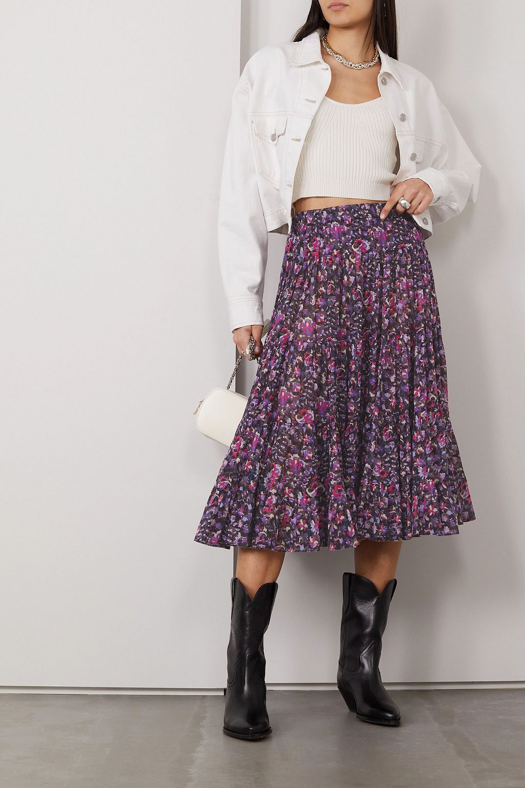 MARANT ÉTOILE Elfa tiered pleated printed cotton-poplin midi skirt