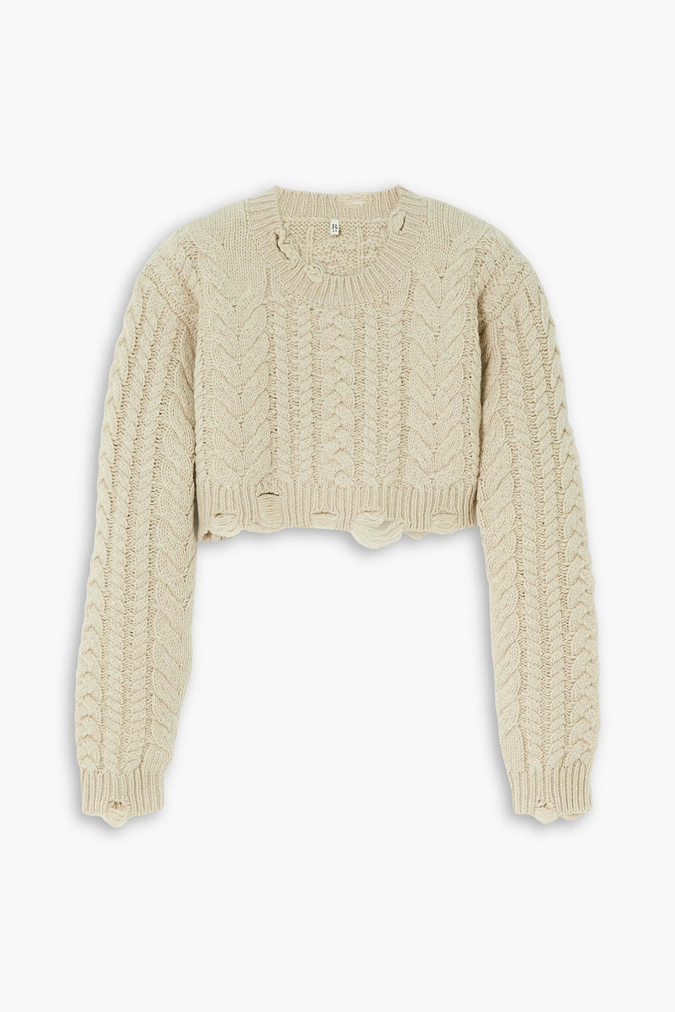 R13 Cropped Distressed Cable-knit Wool Sweater In Beige