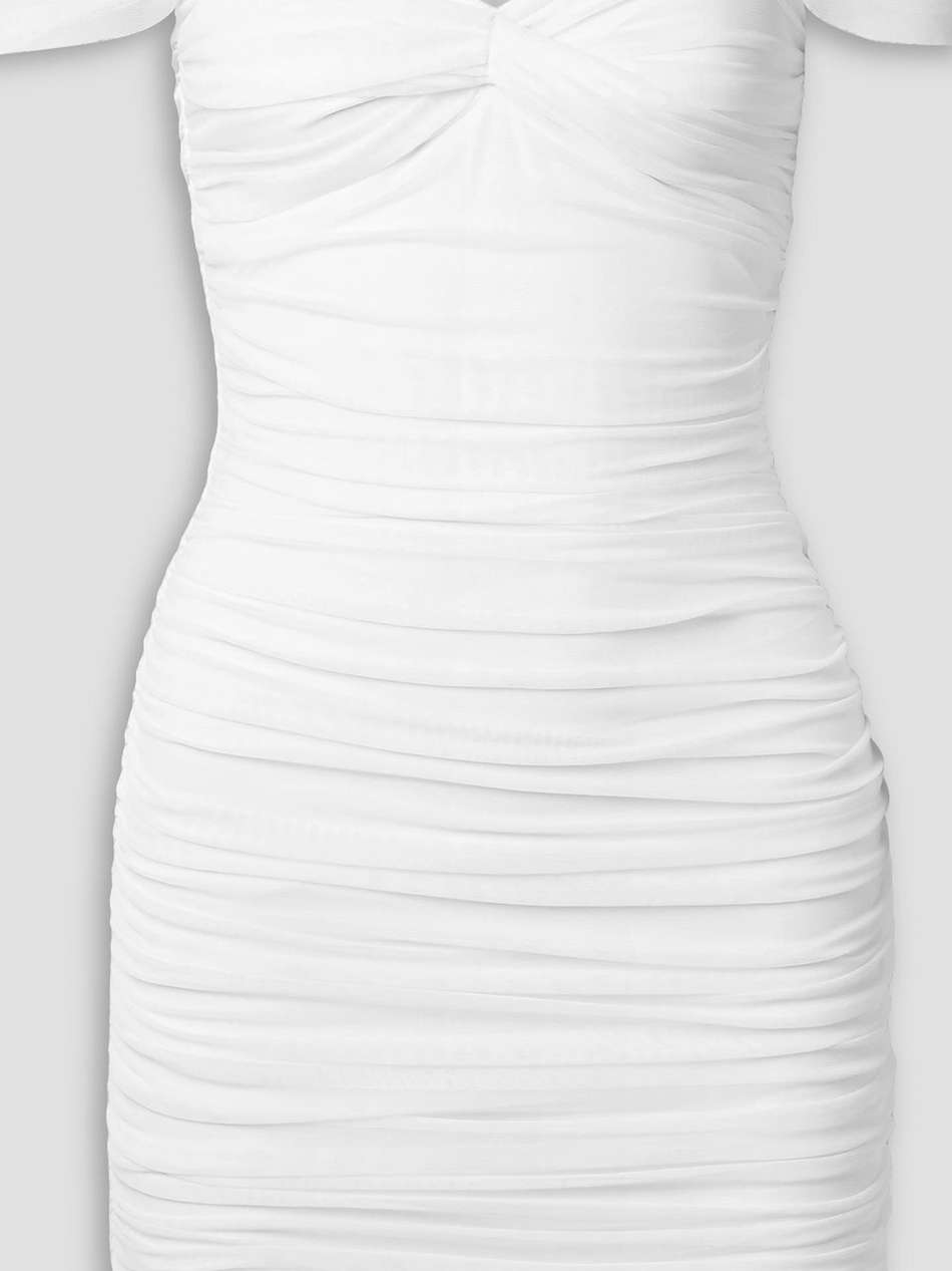 walter off-the-shoulder ruched stretch-mesh mini dress