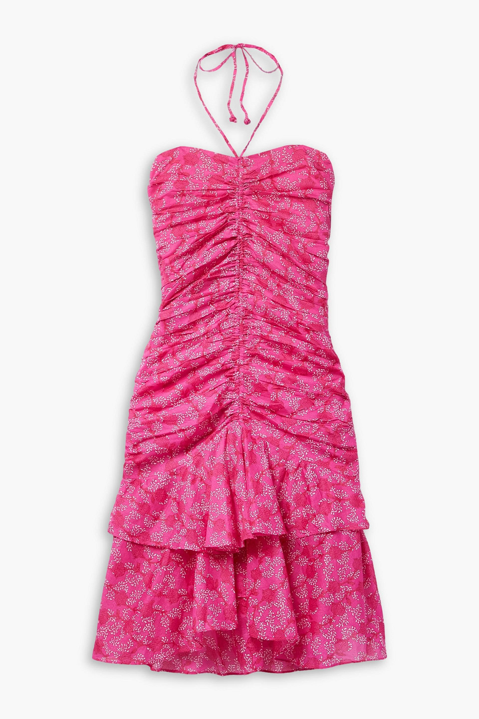 Isabel Marant Étoile Ilanka Ruched Floral-print Cotton-voile Halterneck Mini Dress In Fuchsia