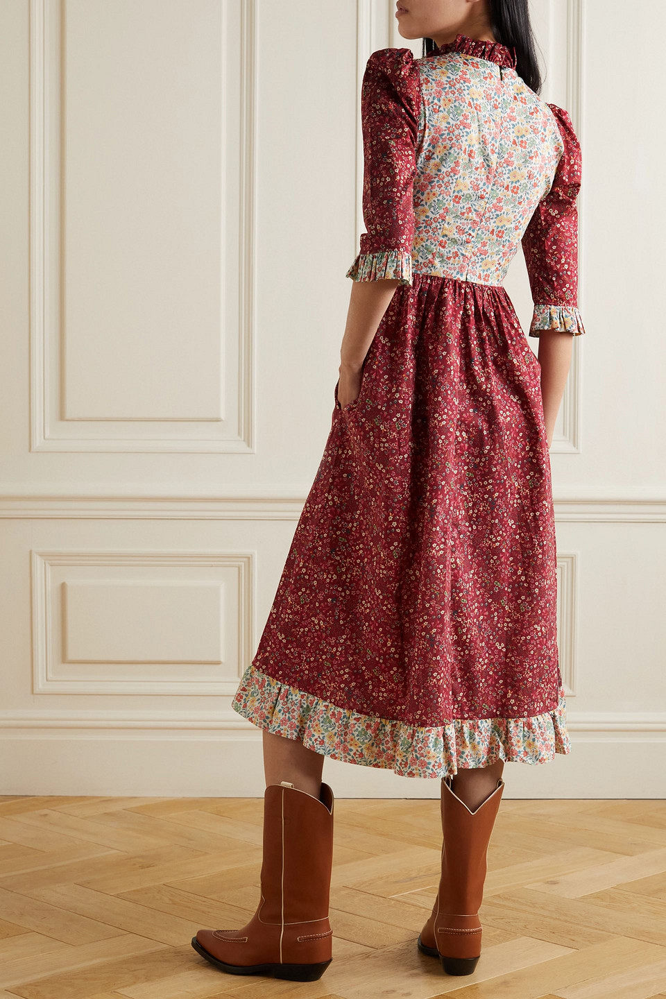 O PIONEERS CLARA RUFFLED FLORAL-PRINT COTTON-POPLIN MIDI DRESS