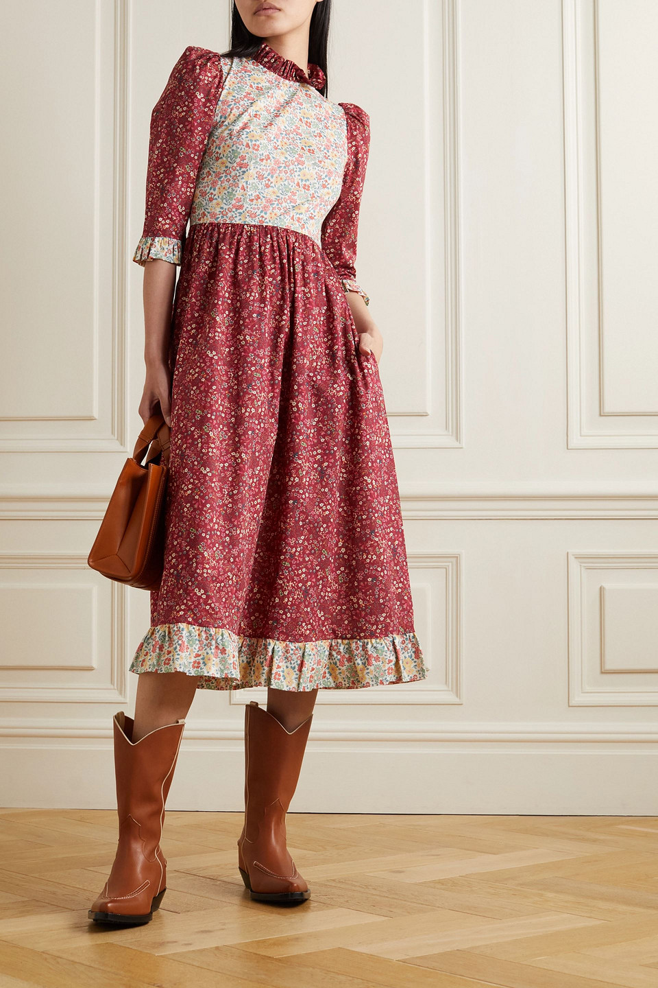 O PIONEERS CLARA RUFFLED FLORAL-PRINT COTTON-POPLIN MIDI DRESS